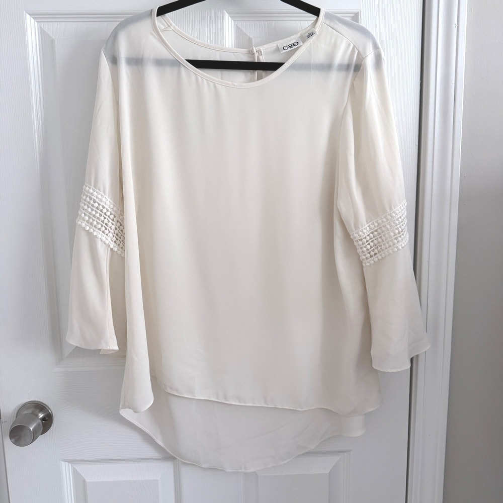 Cato Blouse Womens Size L Cream Crochet Lace Bell Sleeve Top Career Flowy